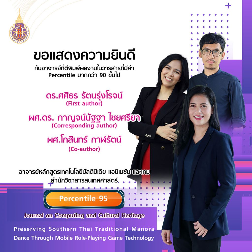 ขอแสดงความยินดีกับ ดร.ศศิธร รัตนรุ่งโรจน์ (First author) ผศ.ดร.กาญจน์นัฐฐา ไชยศรียา (Corresponding author) และผศ.โกสินทร์ กาฬรัตน์ (Co-author) อาจารย์ประจำหลักสูตรเทคโนโลยีมัลติมีเดียแอนิเมชันและเกมได้รับการตีพิมพ์บทความวิจัย Scopus Q1 (Percentile 95) ในวารสาร : Journal on Computing and Cultural Heritage